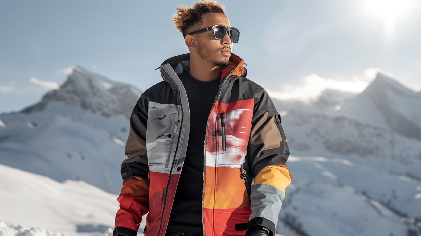 A man in a colour-block ski jacket in front of snowy mountains